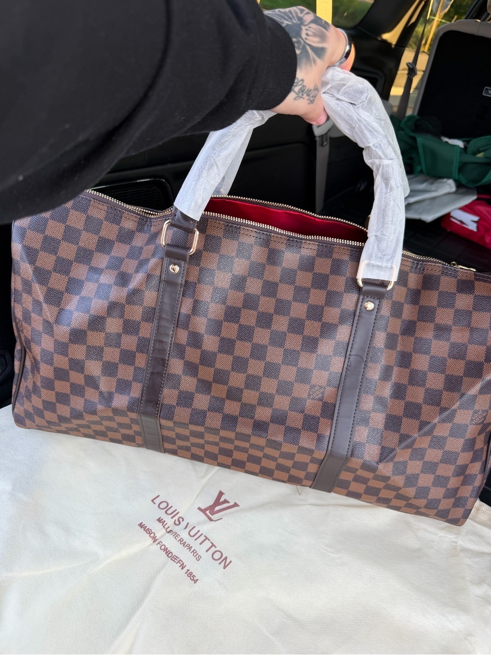 Brown Checkered Canvas Travel Tote - Damier Ebene 55 cm with  dust bag and logos